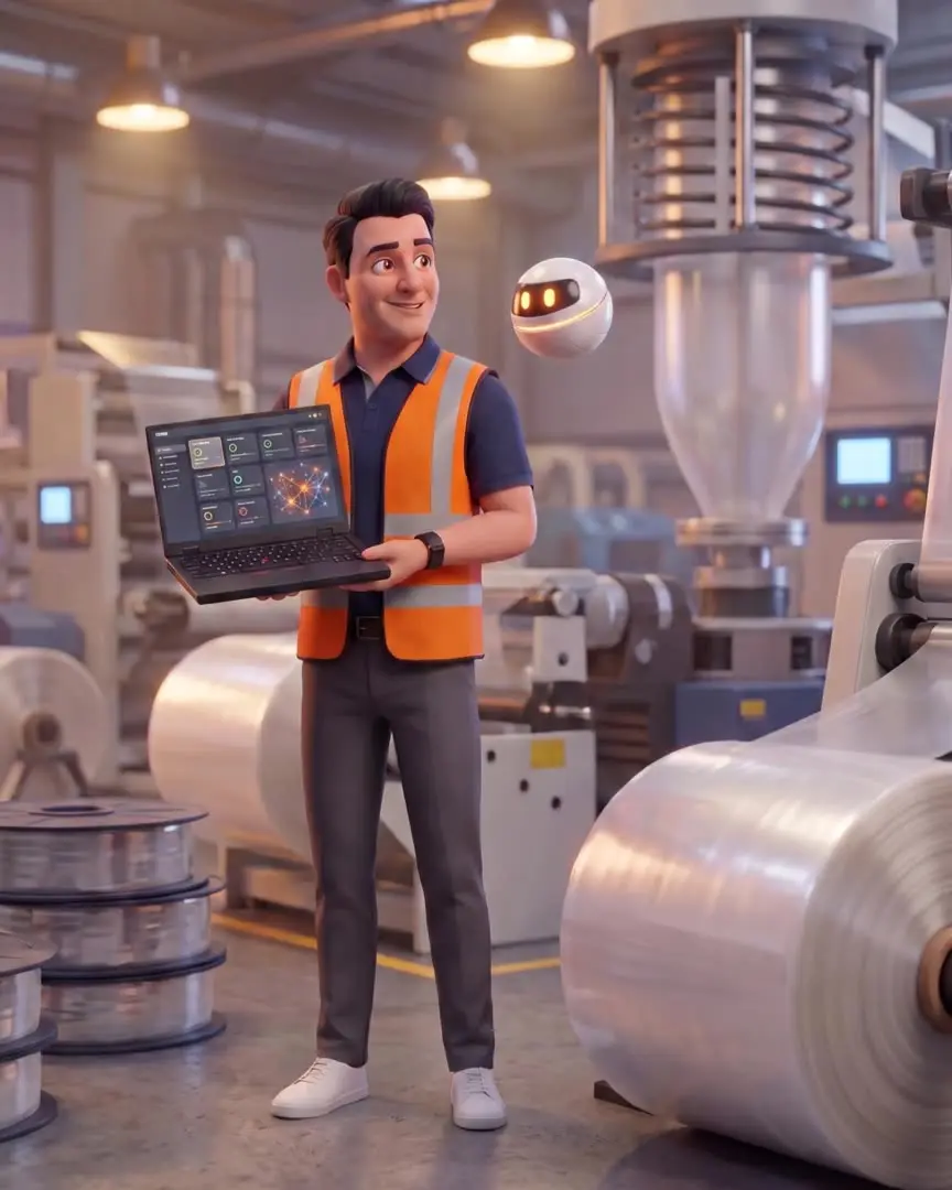 Abraham's 3D character in a safety vest on a flexible-packaging plant floor, holding a laptop that shows a dashboard