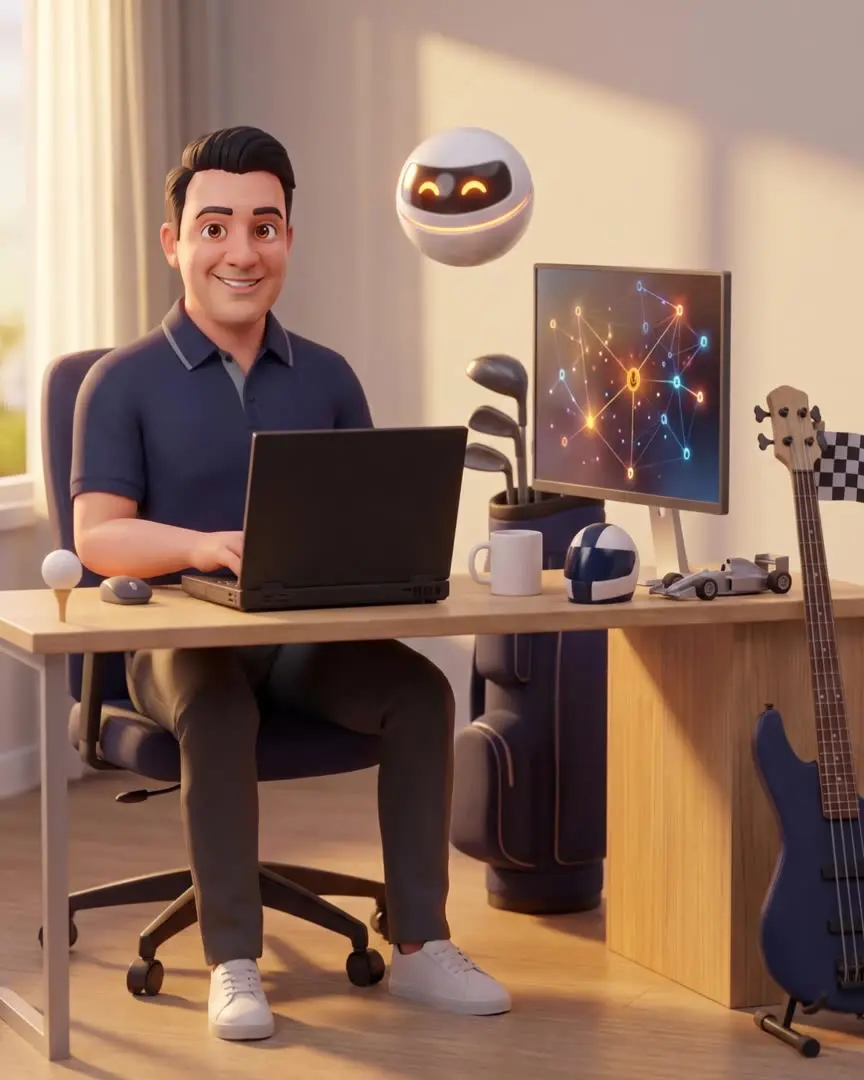Abraham's 3D character working at his desk, with a laptop and a monitor showing a network of agents