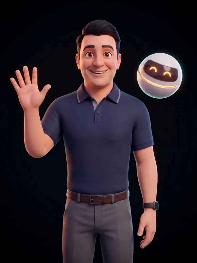 Abraham's 3D character smiles and waves, with a small robot companion
