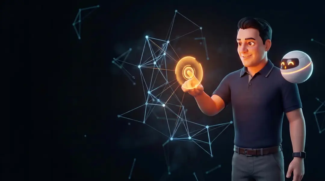 Abraham's 3D animated character touches a glowing amber node inside a network of agents, with a small robot companion