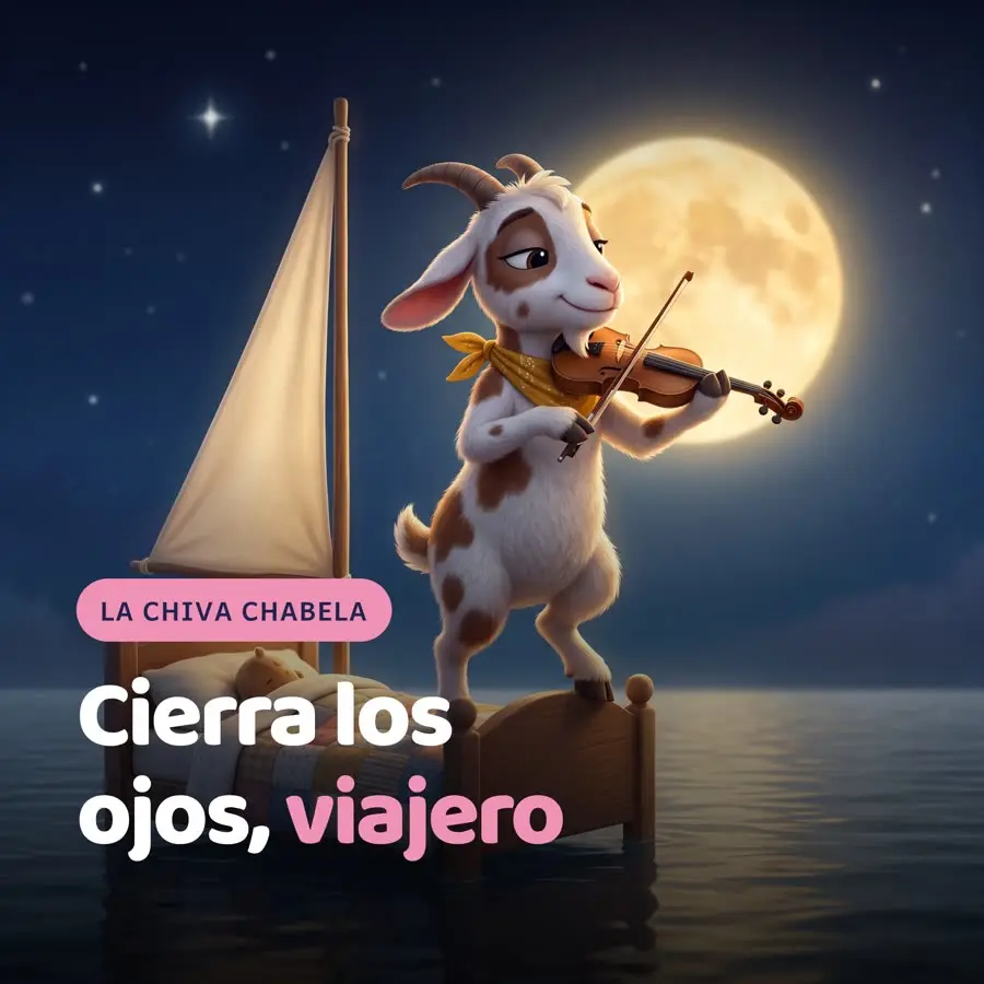 Cover art of the single “Cierra los ojos, viajero” by La Chiva Chabela: a cartoon goat playing violin on a bed floating under a full moon.