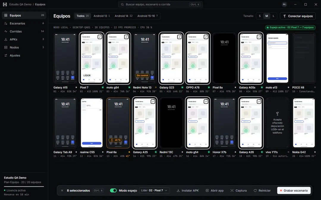 Approved design mockup of the Hangar Box console: a grid of 20 Android test phones with live screens.